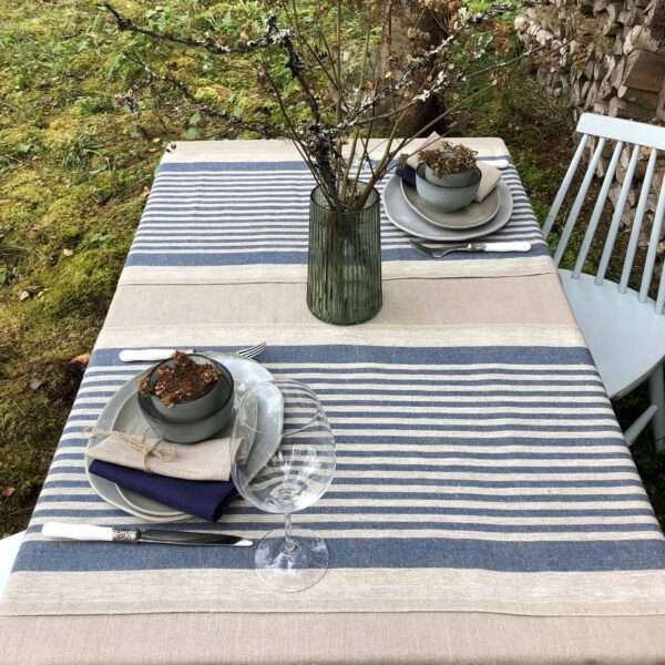 Rustic Linen Table Runner - Blue Thin Stripes Rustic Linen Table Runner - Blue Thin Stripes