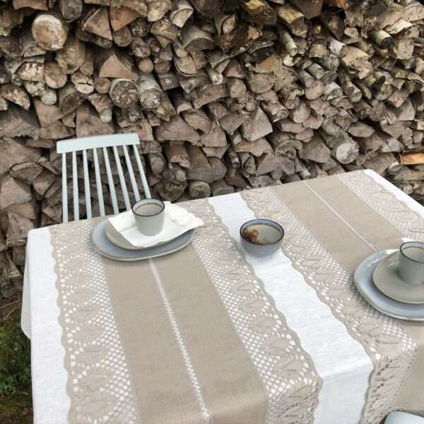 Classic Grey Linen Runner with Lace