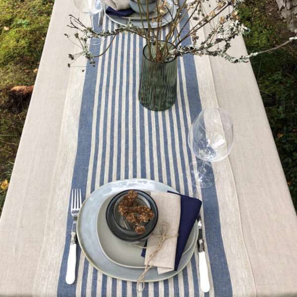Rustic Linen Table Runner - Blue Thin Stripes Rustic Linen Table Runner - Blue Thin Stripes