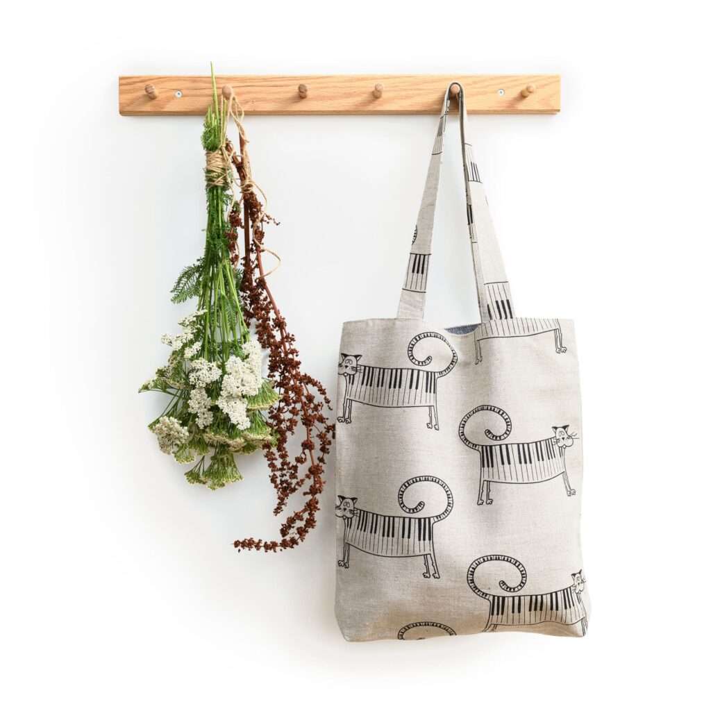 Cat Piano Linen Tote Bag