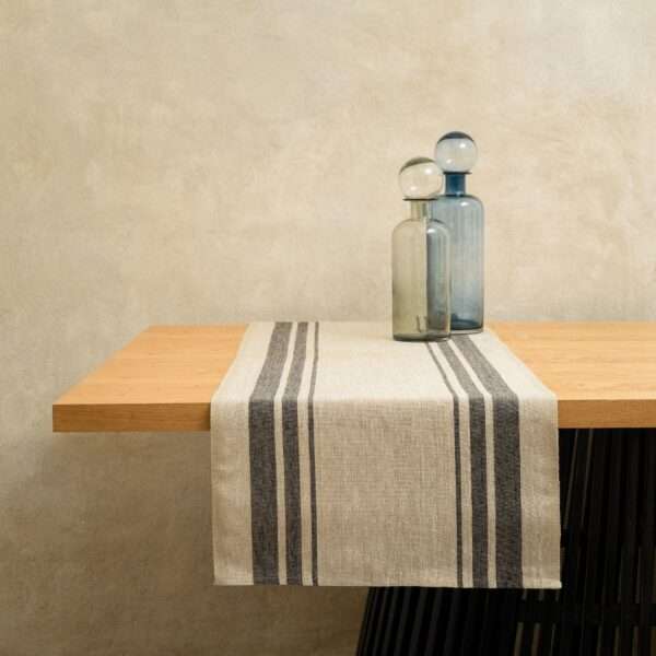 850_2491 Rustic Linen Table Runner - Two Black Thin Stripes