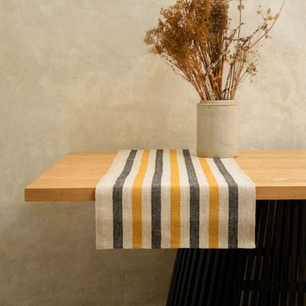 BLACK AND YELLOW STRIPES RUSTIC LINEN RUNNER BLACK AND YELLOW STRIPES RUSTIC LINEN RUNNER