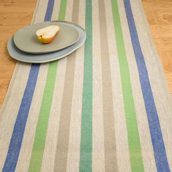 Rustic Linen Table Runner - Blue, Green and Grey Stripes Rustic Linen Table Runner - Blue, Green and Grey Stripes