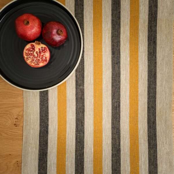 Rustic Linen Table Runner - Black and Yellow Stripes