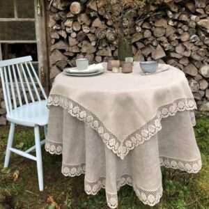 Classic Grey Round Linen Tablecloth with Lace