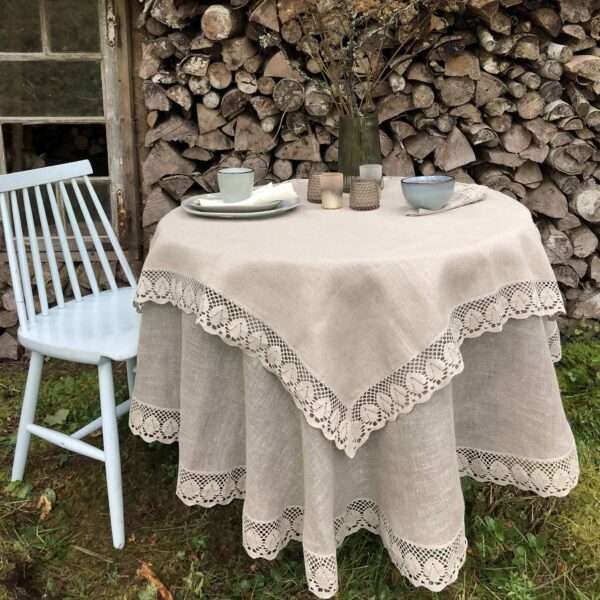 Classic Grey Round Linen Tablecloth with Lace Classic Grey Round Linen Tablecloth with Lace