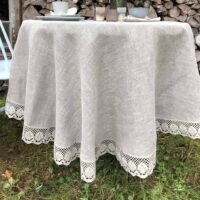 Classic Grey Round Linen Tablecloth with Lace
