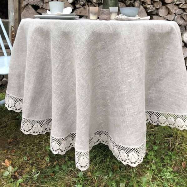 Classic Grey Round Linen Tablecloth with Lace Classic Grey Round Linen Tablecloth with Lace