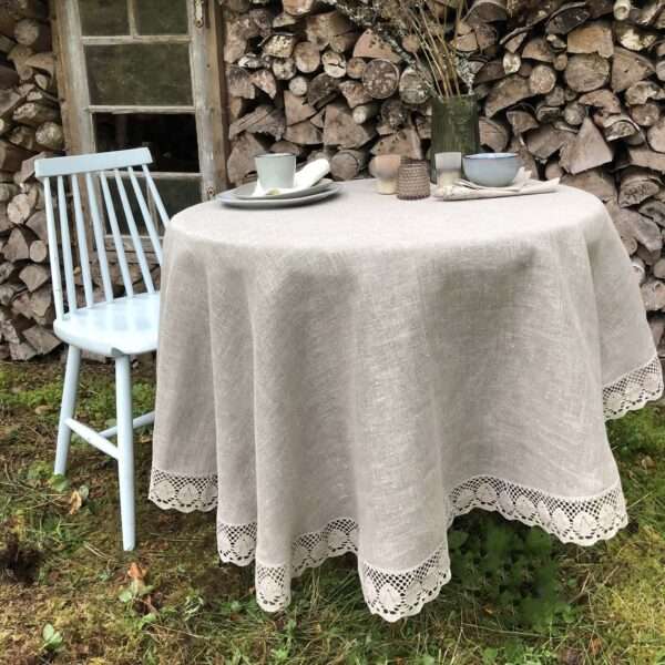 Classic Grey Round Linen Tablecloth with Lace Classic Grey Round Linen Tablecloth with Lace