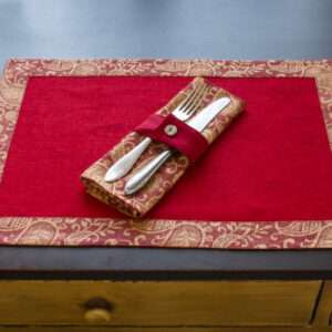 Classic Red Linen Placemat with Gold Paisley Border