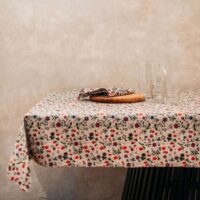 WILD STRAWBERRY AND FLOWERS LINEN TABLECLOTH