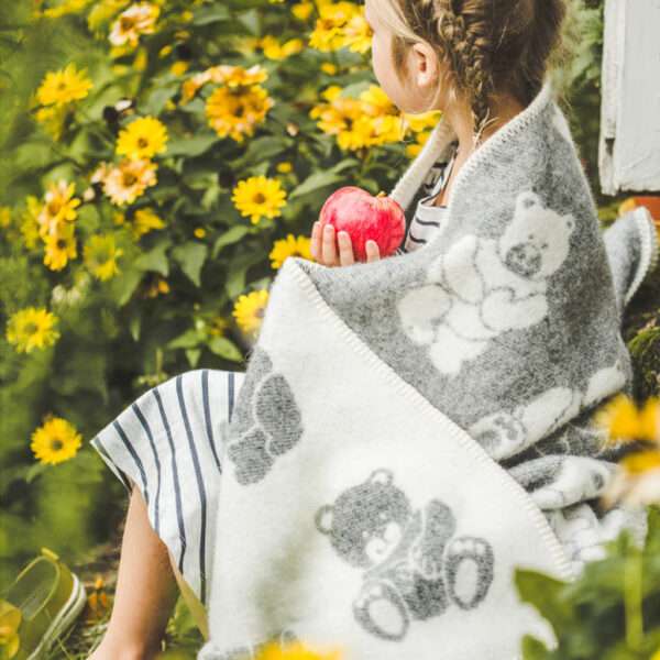Wool Baby Blanket - Grey Teddy Bear