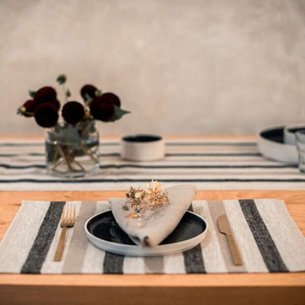 Black and Grey Stripes Rustic Linen Placemat