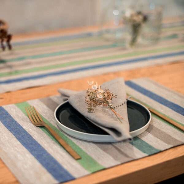 Blue, Green and Grey Stripes Rustic Linen Placemat Blue, Green and Grey Stripes Rustic Linen Placemat