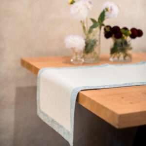 Classic White Linen Runner with Light Blue Paisley Border