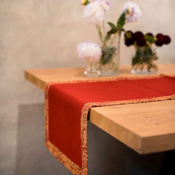 Red Linen Runner with Yellow Gold Paisley Border Red Linen Runner with Yellow Gold Paisley Border