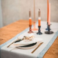 Classic White Linen Runner with Light Blue Paisley Border