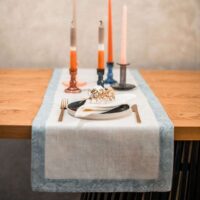 Classic White Linen Runner with Light Blue Paisley Border