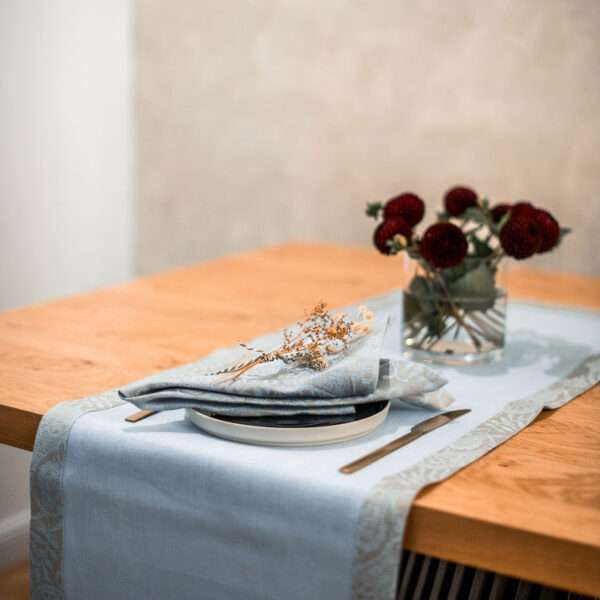 Light Blue Linen Runner with Light Blue Paisley Border Light Blue Linen Runner with Light Blue Paisley Border