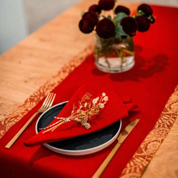 Red Linen Runner with Yellow Gold Paisley Border Red Linen Runner with Yellow Gold Paisley Border