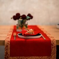 Red Linen Runner with Yellow Gold Paisley Border