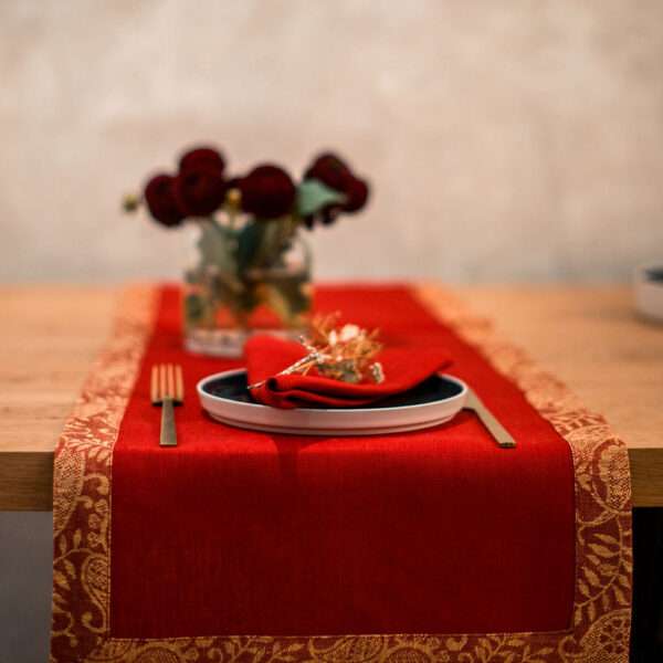 Red Linen Runner with Yellow Gold Paisley Border Red Linen Runner with Yellow Gold Paisley Border