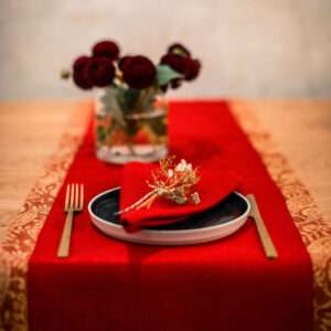 Red Linen Runner with Yellow Gold Paisley Border
