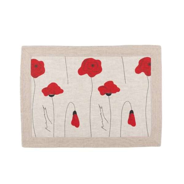 Linen Placemat with Poppy Pattern and Classic Grey Border