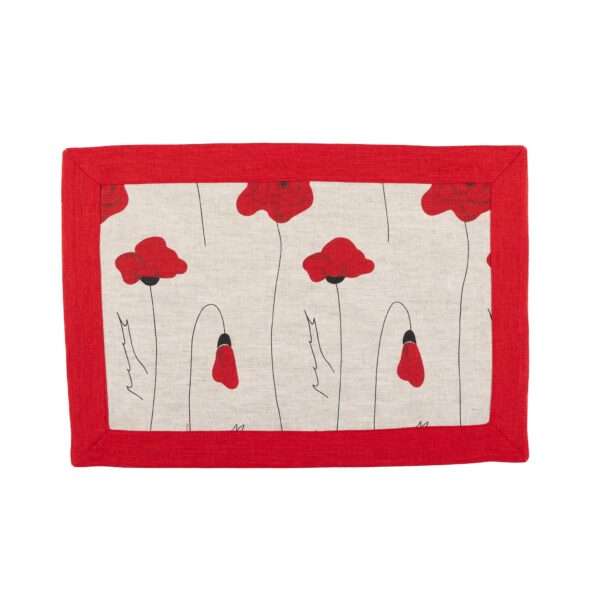 Linen Placemat with Poppy Pattern and Classic Red Border