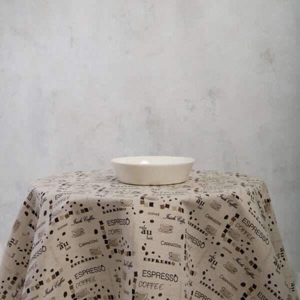 Round linen tablecloth, coffee pattern Round linen tablecloth, coffee pattern