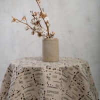 Round linen tablecloth, coffee pattern