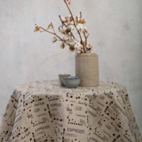 Round linen tablecloth, coffee pattern
