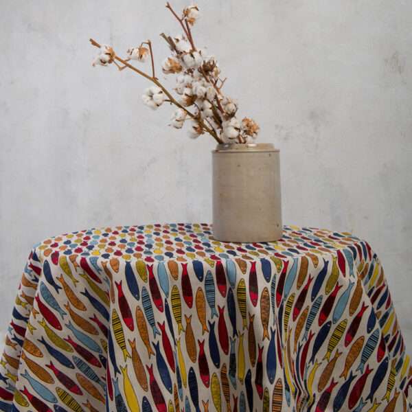 Round linen tablecloth in colorful fish pattern Round linen tablecloth in colorful fish pattern