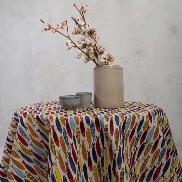 Round linen tablecloth in colorful fish pattern Round linen tablecloth in colorful fish pattern