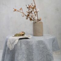 LIGHT BLUE PAISLEY ROUND LINEN TABLECLOTH WITH LACE