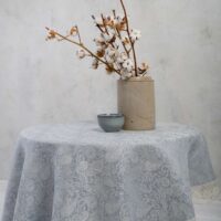 LIGHT BLUE PAISLEY ROUND LINEN TABLECLOTH WITH LACE