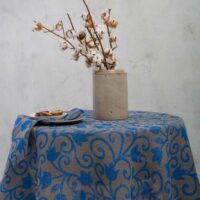 Blue Flower Ornament Round Linen Tablecloth