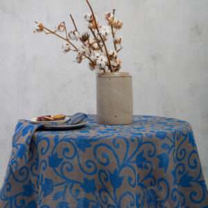 Blue Flower Ornament Round Linen Tablecloth