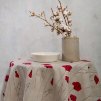 Round linen tablecloth in red poppies pattern