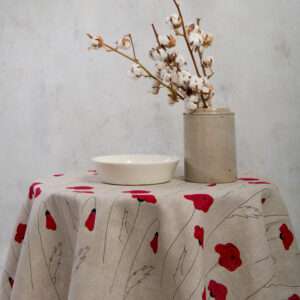 Round linen tablecloth in red poppies pattern