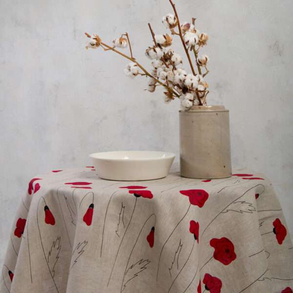 Round linen tablecloth in red poppies pattern Round linen tablecloth in red poppies pattern