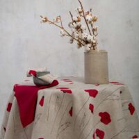 Round linen tablecloth in red poppies pattern