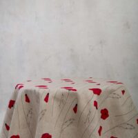 Round linen tablecloth in red poppies pattern