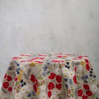 Round linen tablecloth, poppies and daisies flower pattern