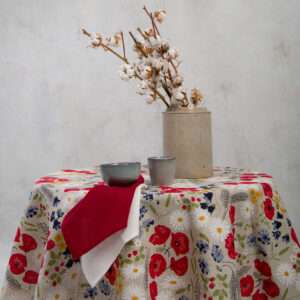 Round linen tablecloth, poppies and daisies flower pattern