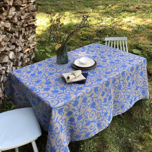 Blue Flower Ornament Linen Tablecloth Blue Flower Ornament Linen Tablecloth