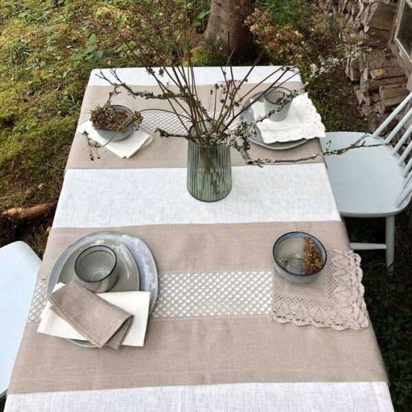 Classic Grey Linen Runner with Lace in the Middle Classic Grey Linen Runner with Lace in the Middle