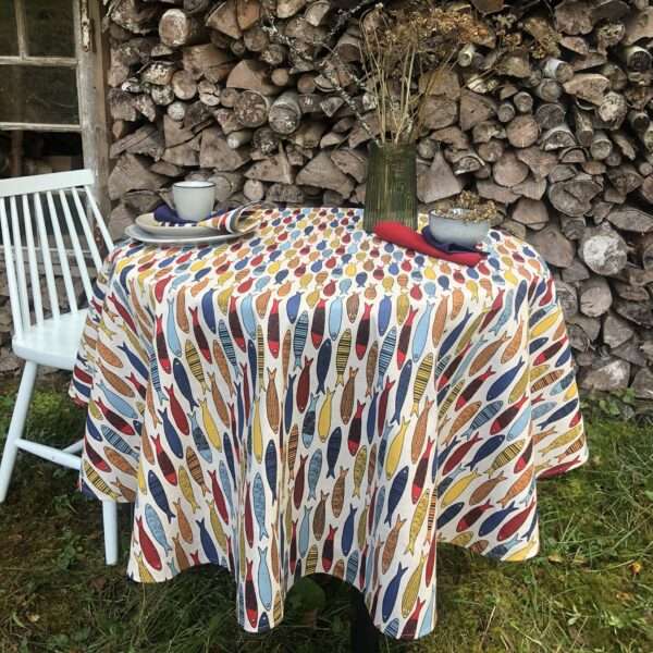 Colorful Fishes Round Linen Tablecloth Colorful Fishes Round Linen Tablecloth