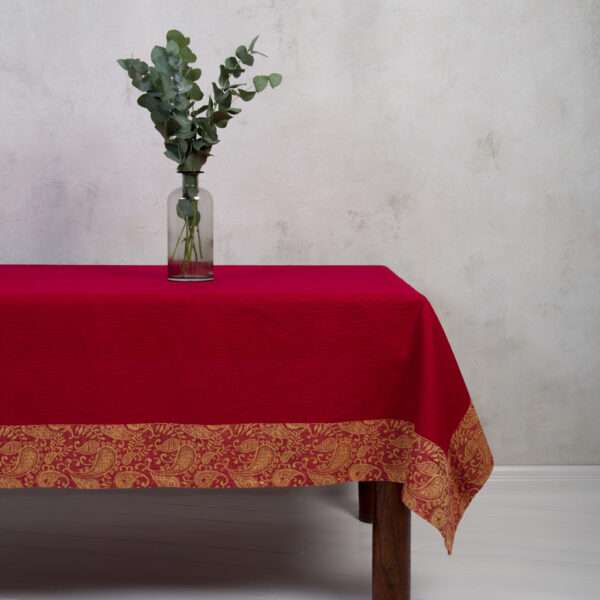 Bordeaux Linen Tablecloth With Yellow Gold Paisley Border Bordeaux Linen Tablecloth With Yellow Gold Paisley Border