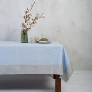 LIGHT BLUE LINEN TABLECLOTH WITH LIGHT BLUE PAISLEY BORDER
